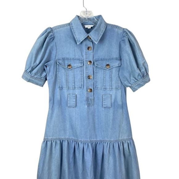 Elan Cotton Denim Tiered Shirt Dress XS Button Front A Line Puff Sleeve Blue - Picture 8 of 8